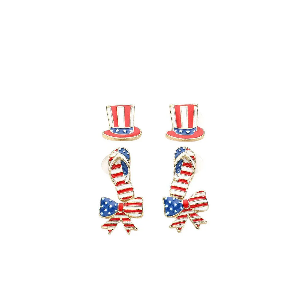 3PAIRS American Flag Enamel Hat Flipflops Bow Earrings Set