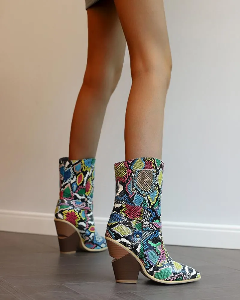 Animal Pattern Rivet Ankle Boots