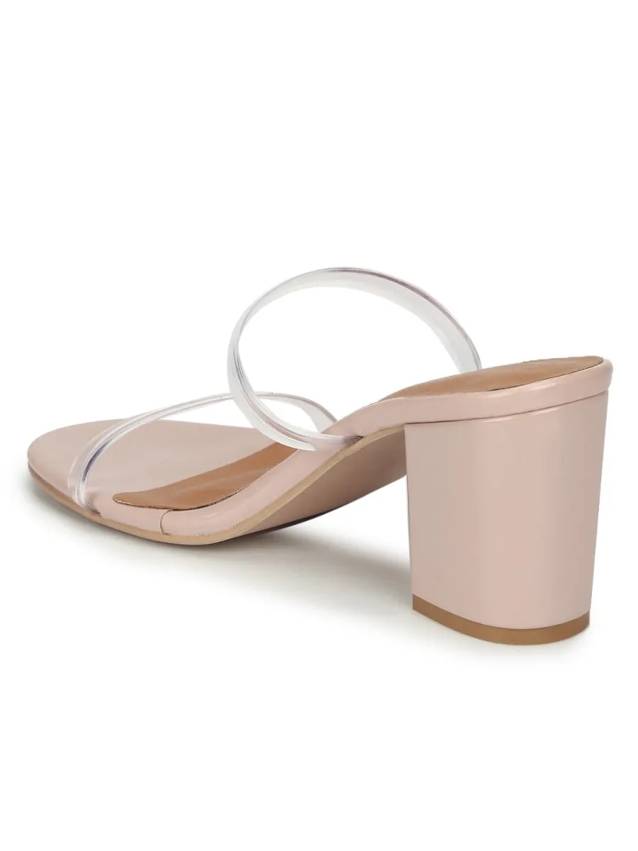 Beige PU Mules With Clear Straps