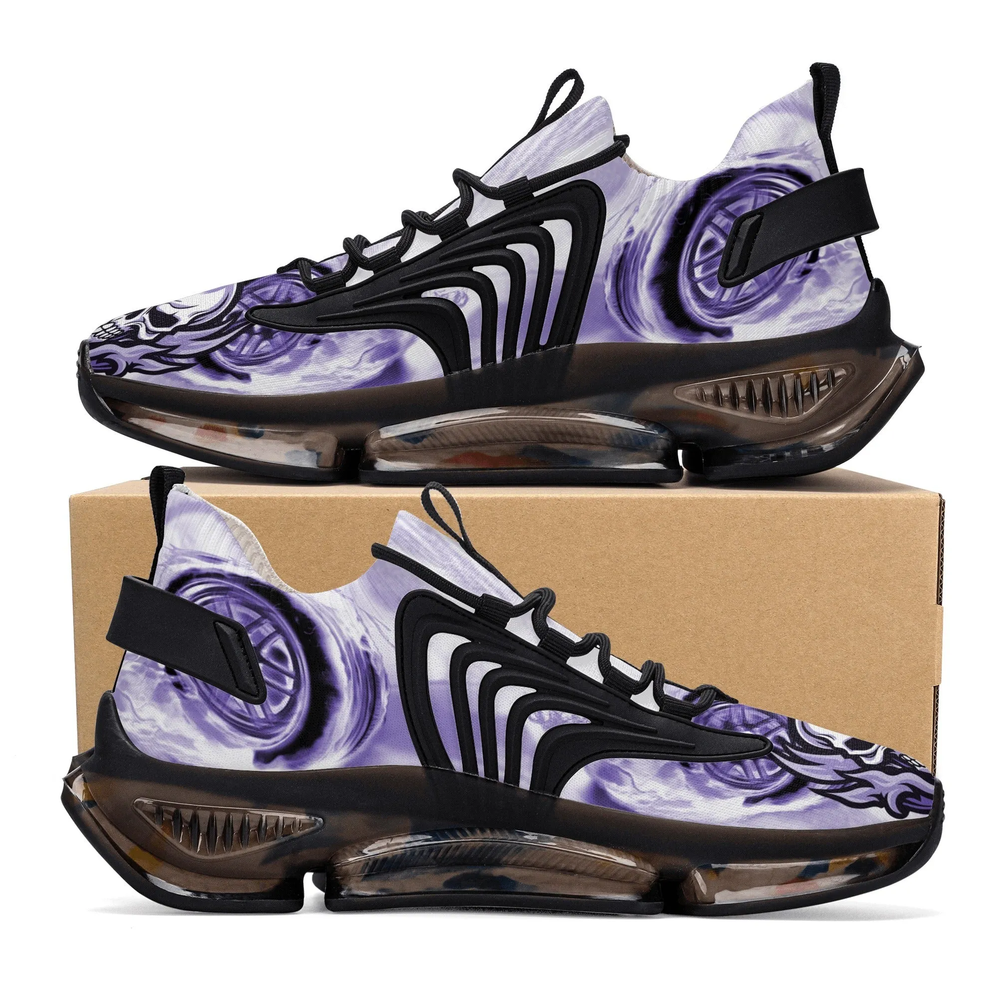 Best Womens Max Air Heel React Sneakers - Purple Flaming Skull & Wheels HeroicU