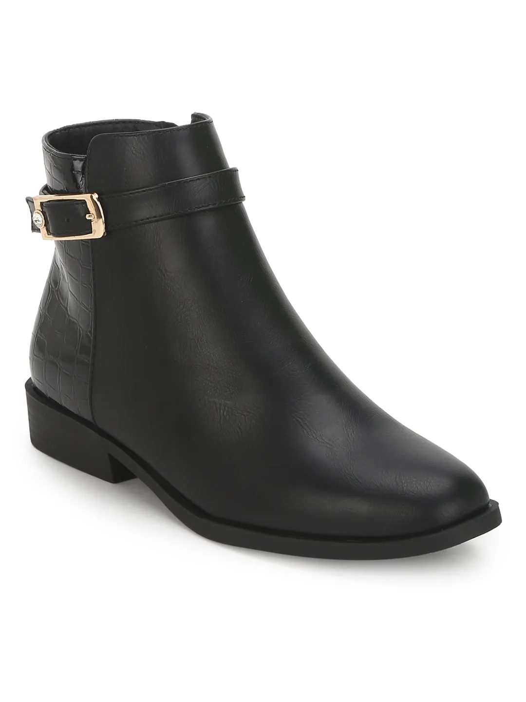 Black Croc PU Ankle Belt Slip-on Ankle Boots