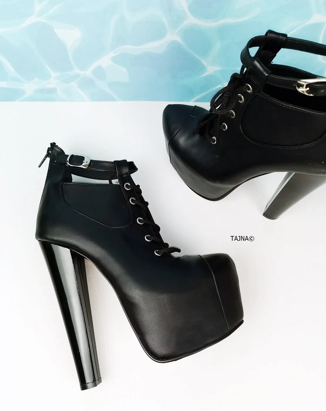 Black Lace Up Ankle Heel Platform Shoe