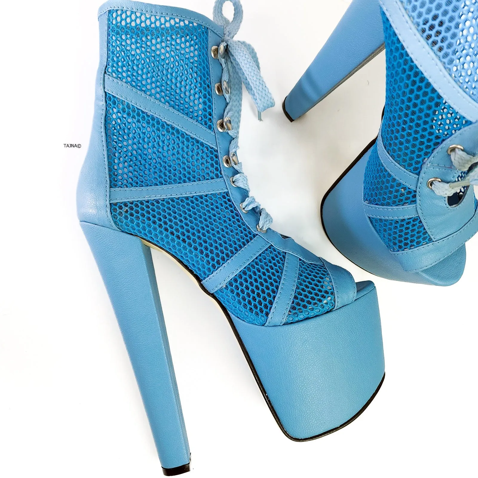 Blue Fishnet Lace-up  Platform High Heel Booties