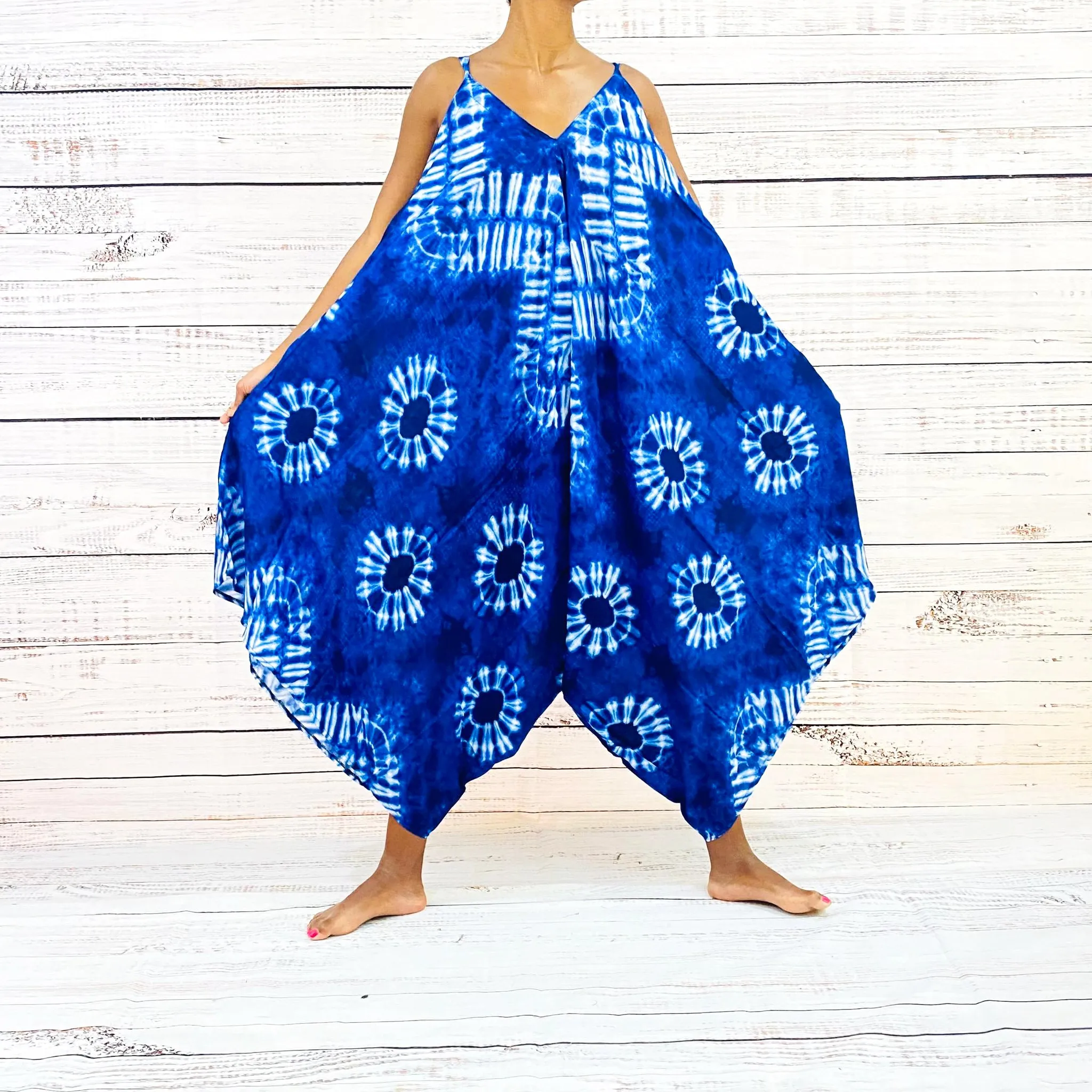 Blue Tie Dye Harem Summer Jumpsuit with Pocket