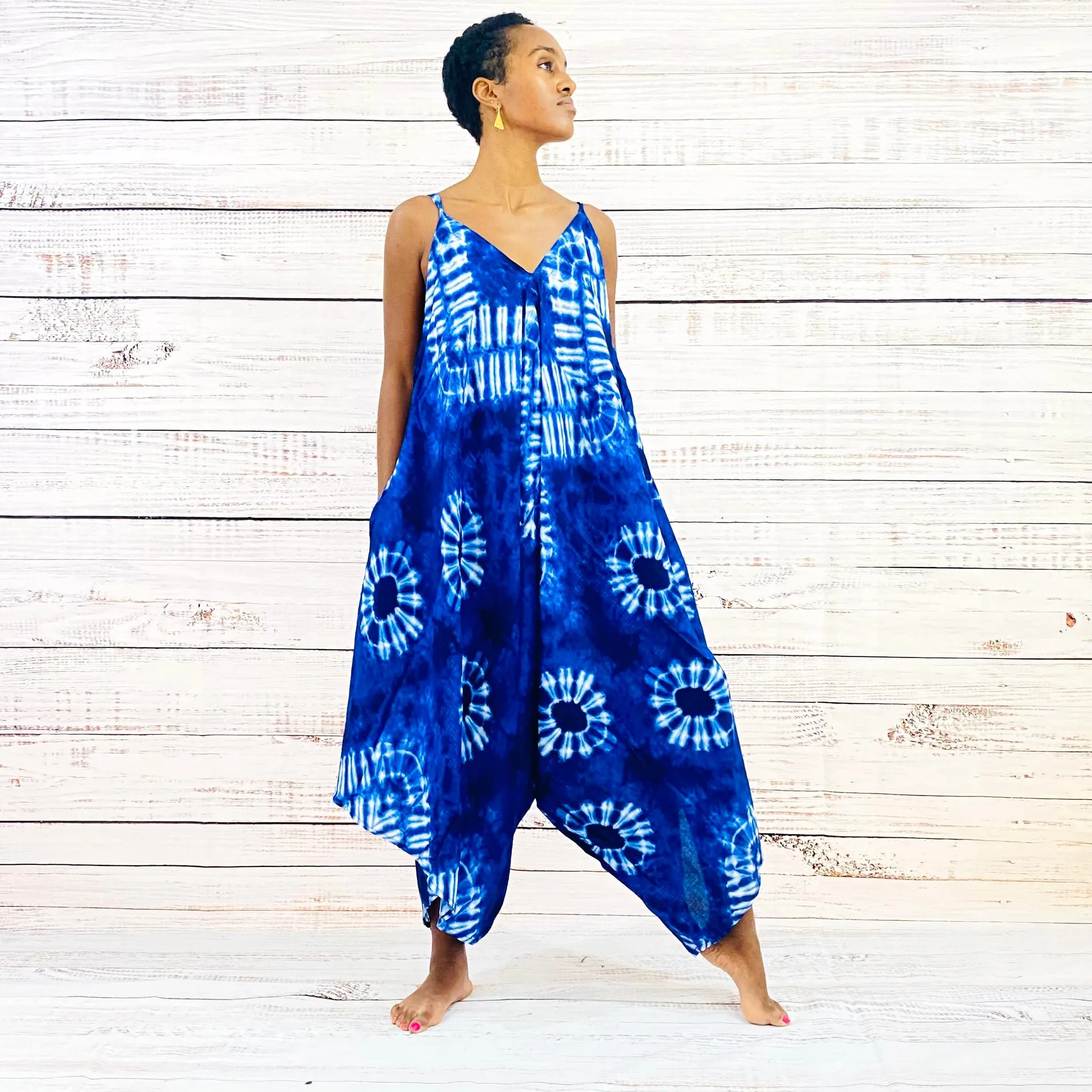 Blue Tie Dye Harem Summer Jumpsuit with Pocket