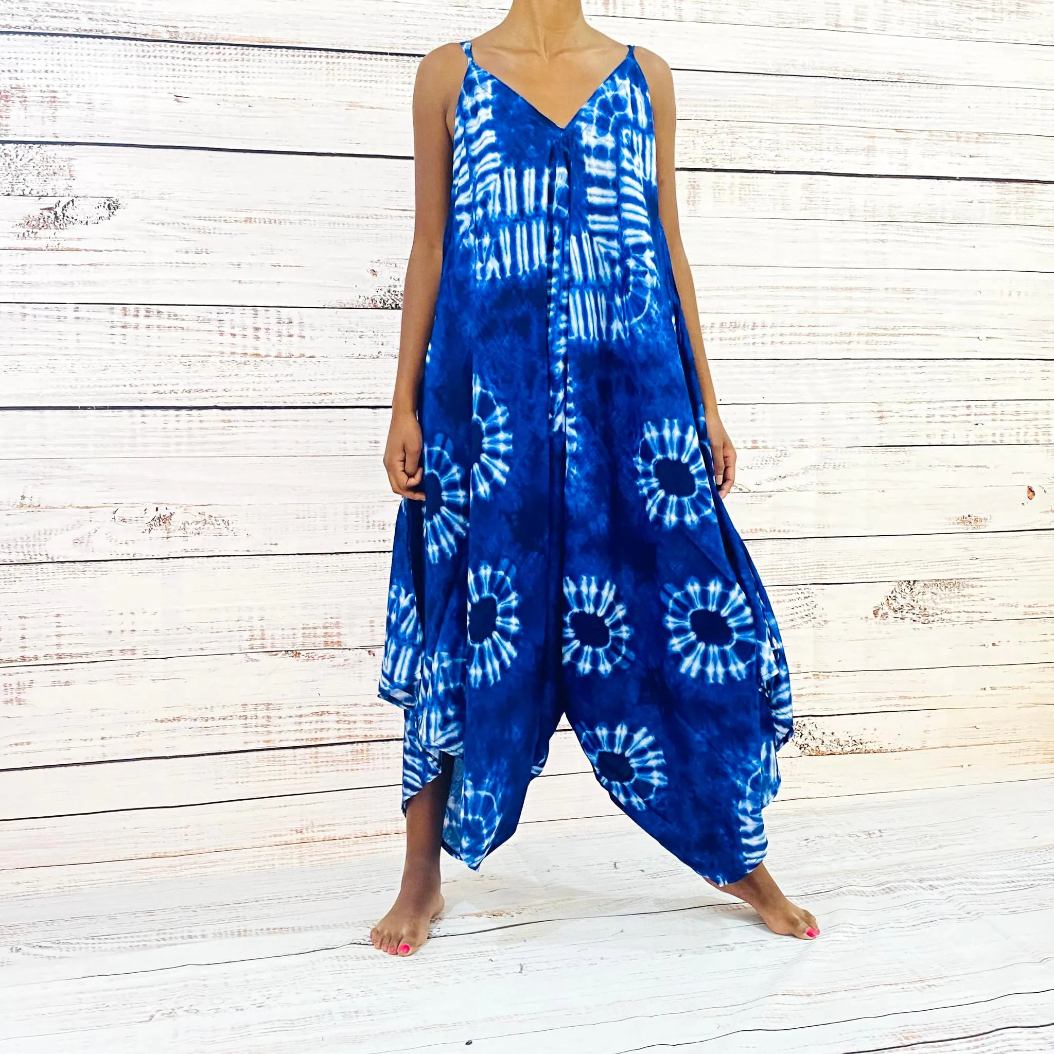 Blue Tie Dye Harem Summer Jumpsuit with Pocket