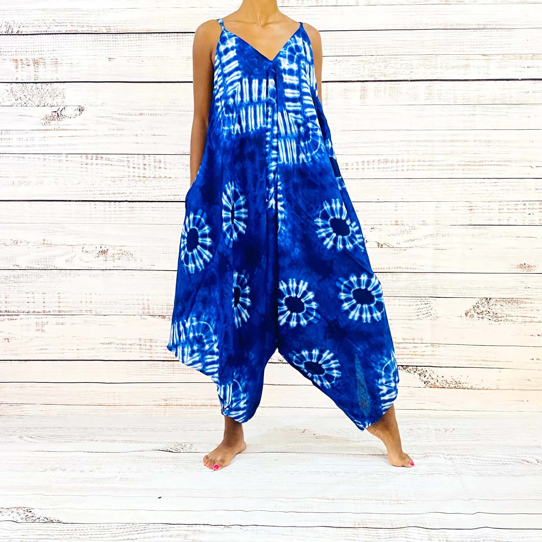 Blue Tie Dye Harem Summer Jumpsuit with Pocket