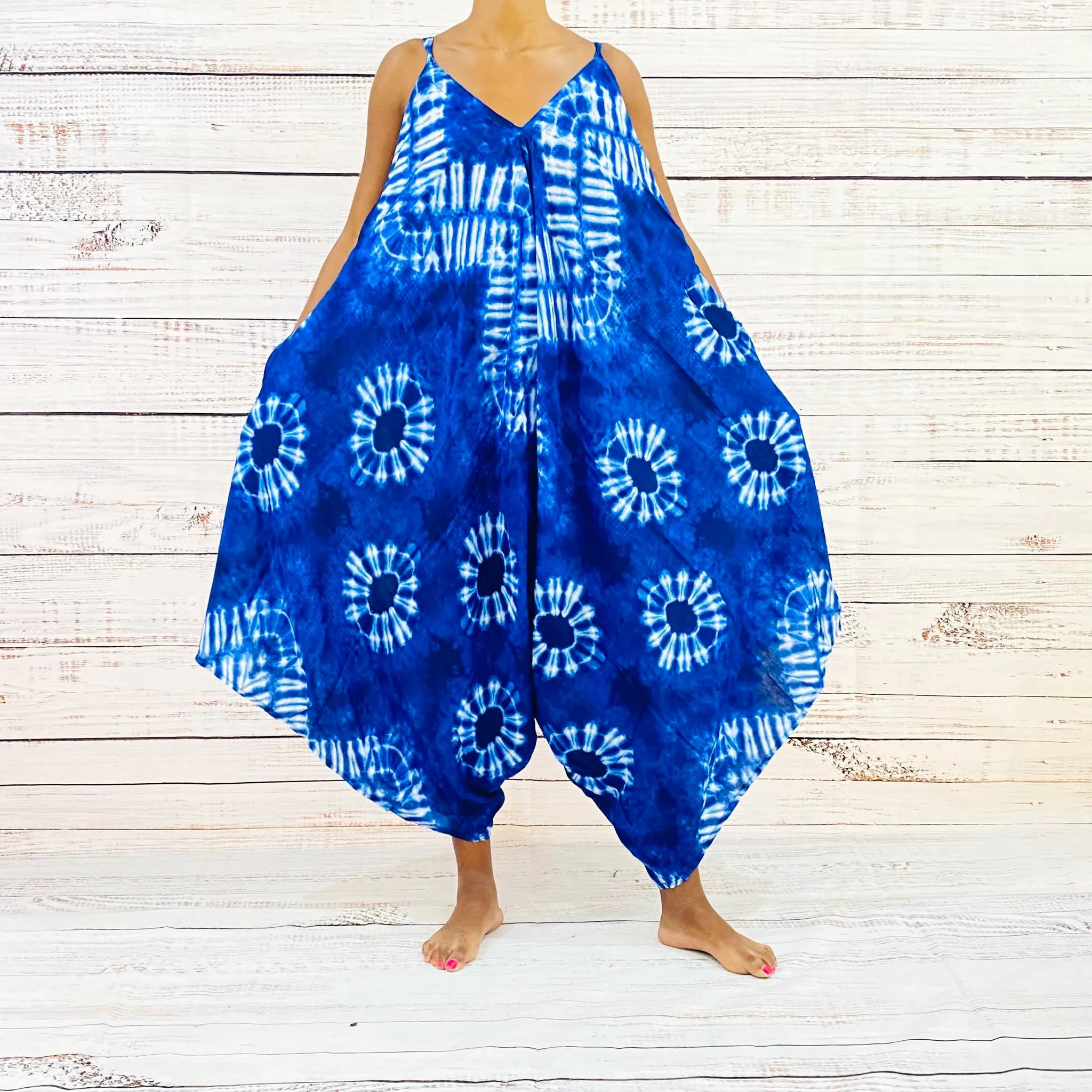 Blue Tie Dye Harem Summer Jumpsuit with Pocket