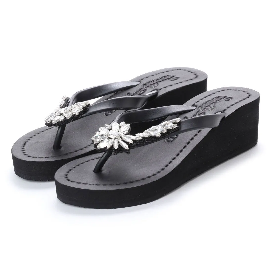 Broadway - Crystal Rhinestone Embellished Mid Wedge Flip Flops Sandal