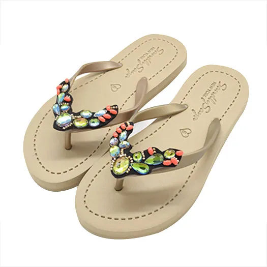 Cactus - Green Rhinestone Embellished Women's Flat Flip Flops Sandal