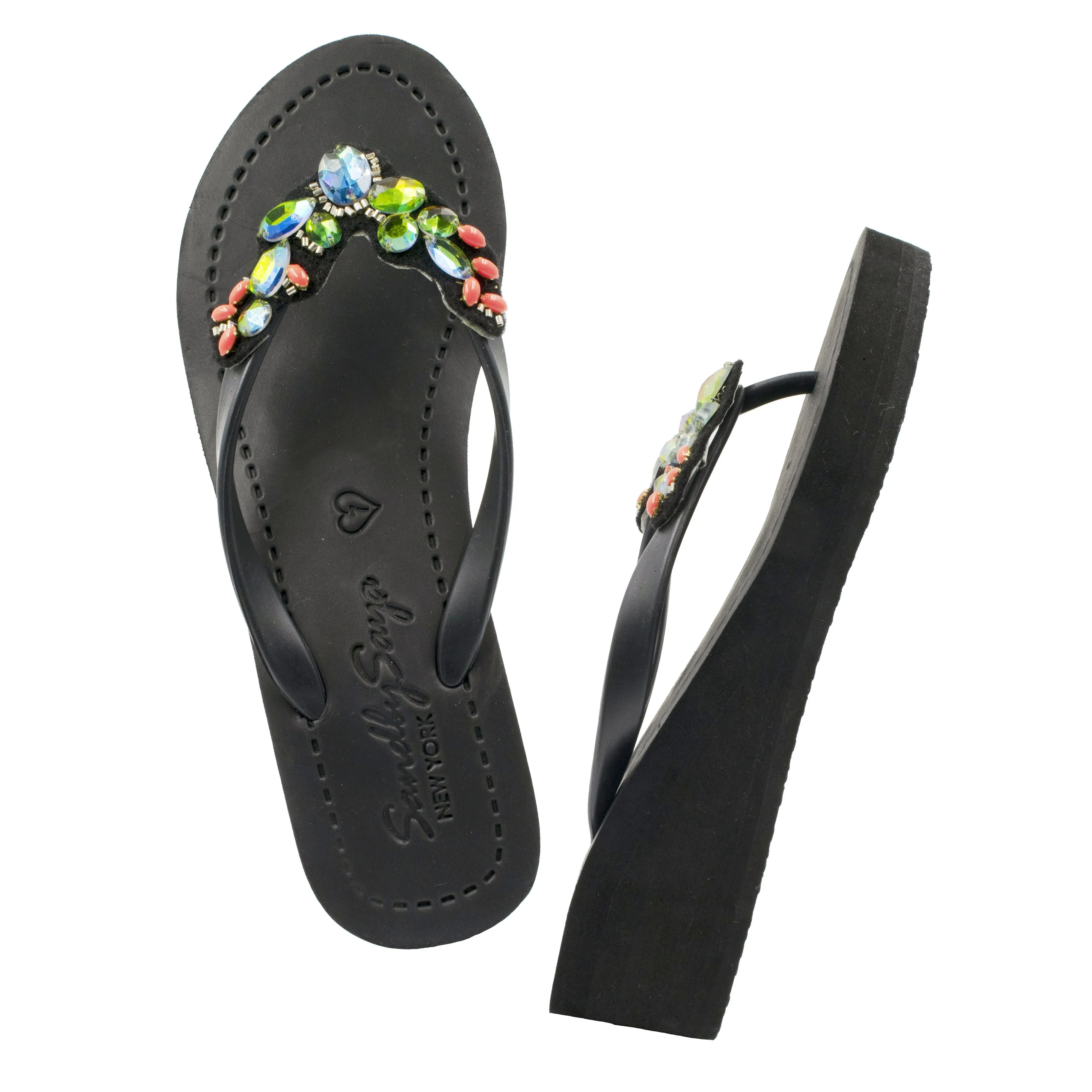 Cactus - Rhine Stone Embroidered Mid Wedge Flip Flops Sandal