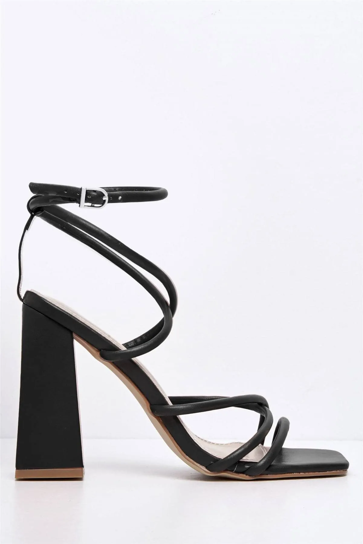 Chania Thick Strappy Block Heel Sandal in Black