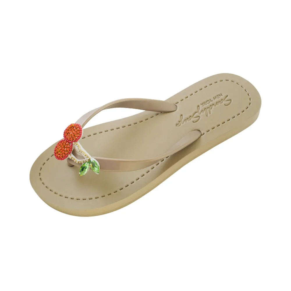 Cherry - Red Fruits Rhine Stone Embellished Women's Flat Flip Flops