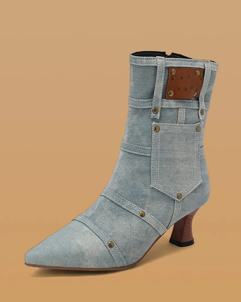 Denim Rivet Zipper Ankle Boots