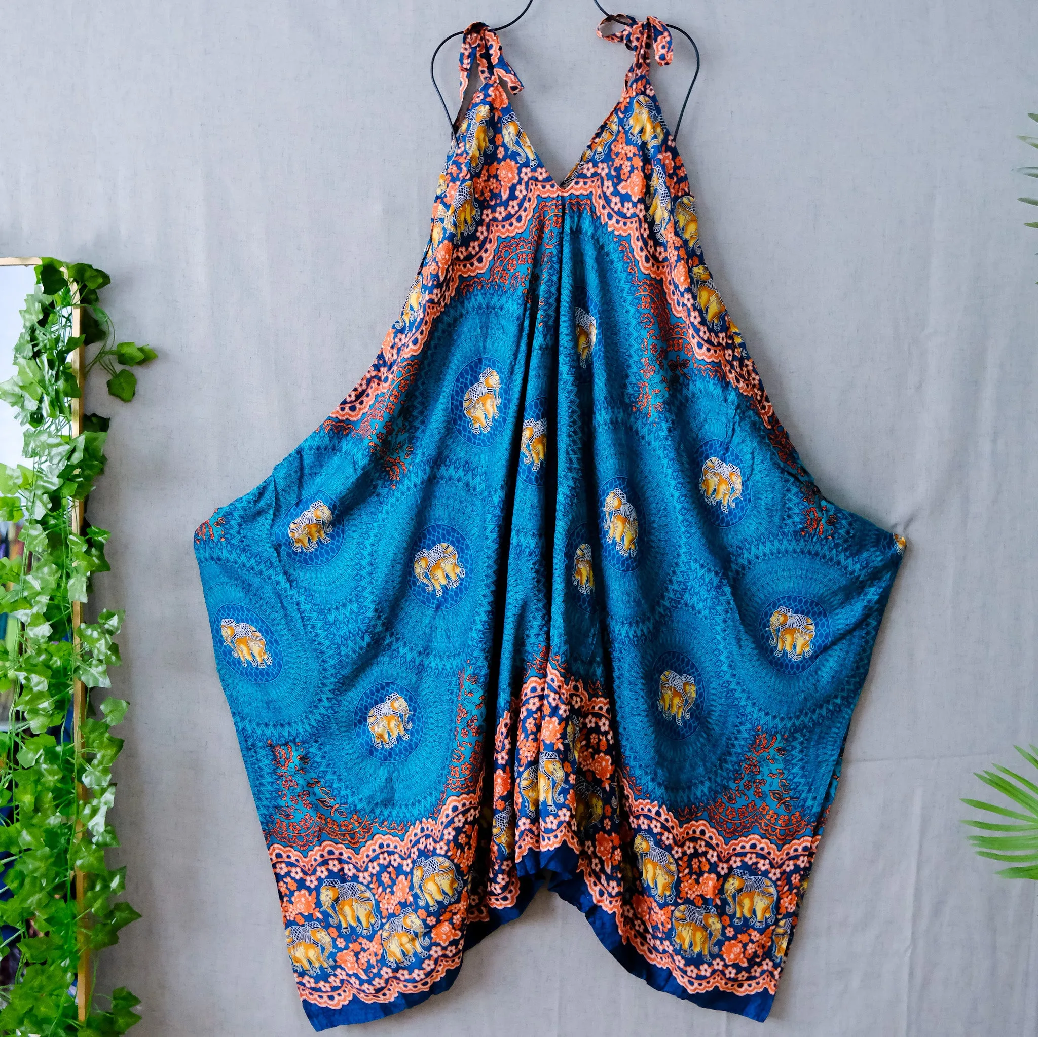 Elephant Print Low Crotch Bohemian Overalls