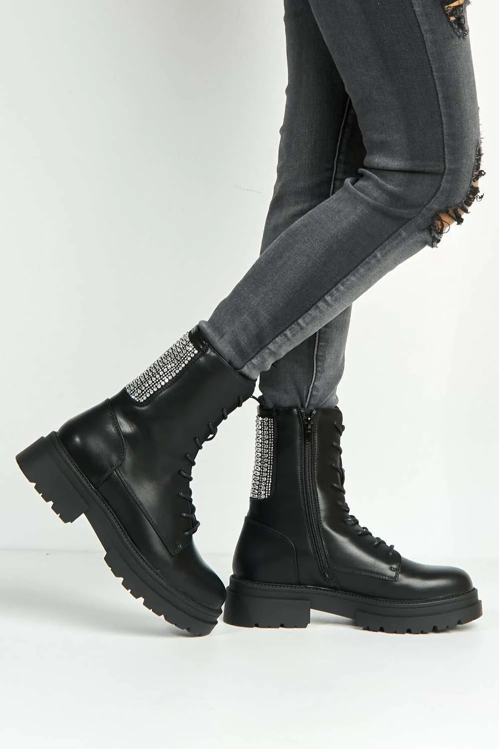 Gabbie Diamante Studded Detail Lace Up Ankle Boots in Black Matt