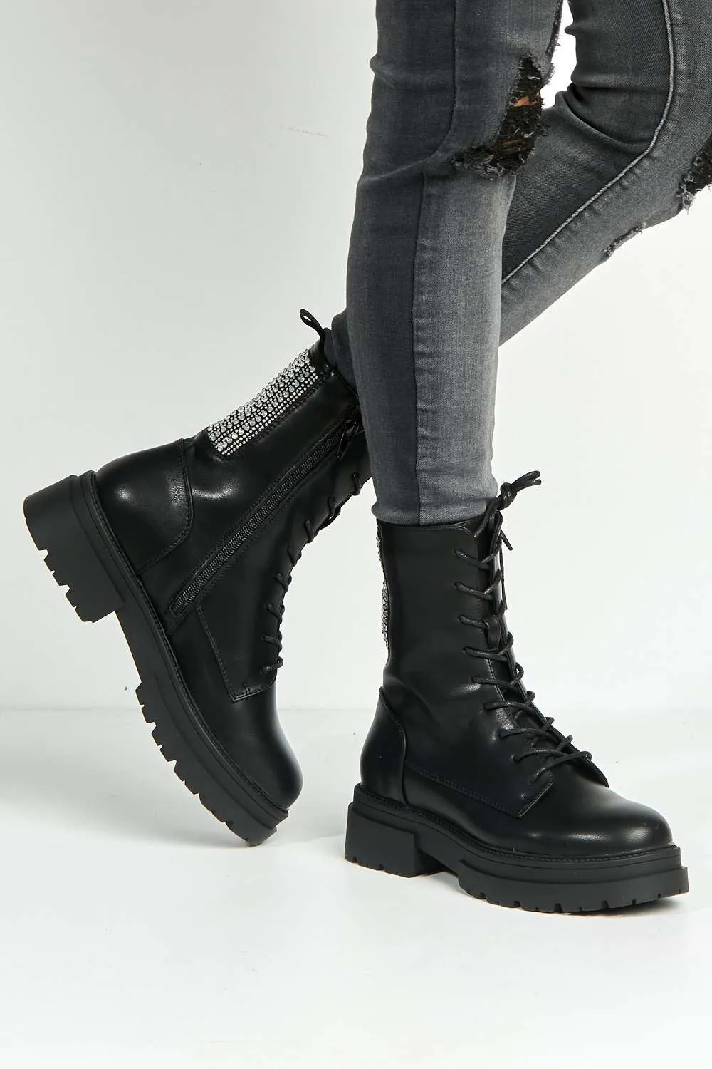 Gabbie Diamante Studded Detail Lace Up Ankle Boots in Black Matt