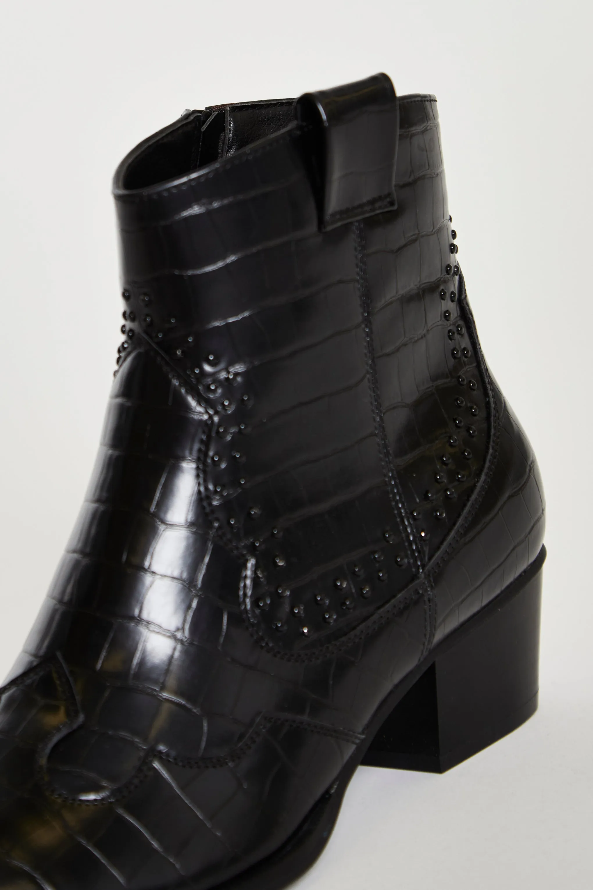 Glamorous Black Croc Western Block Heel Ankle Boots