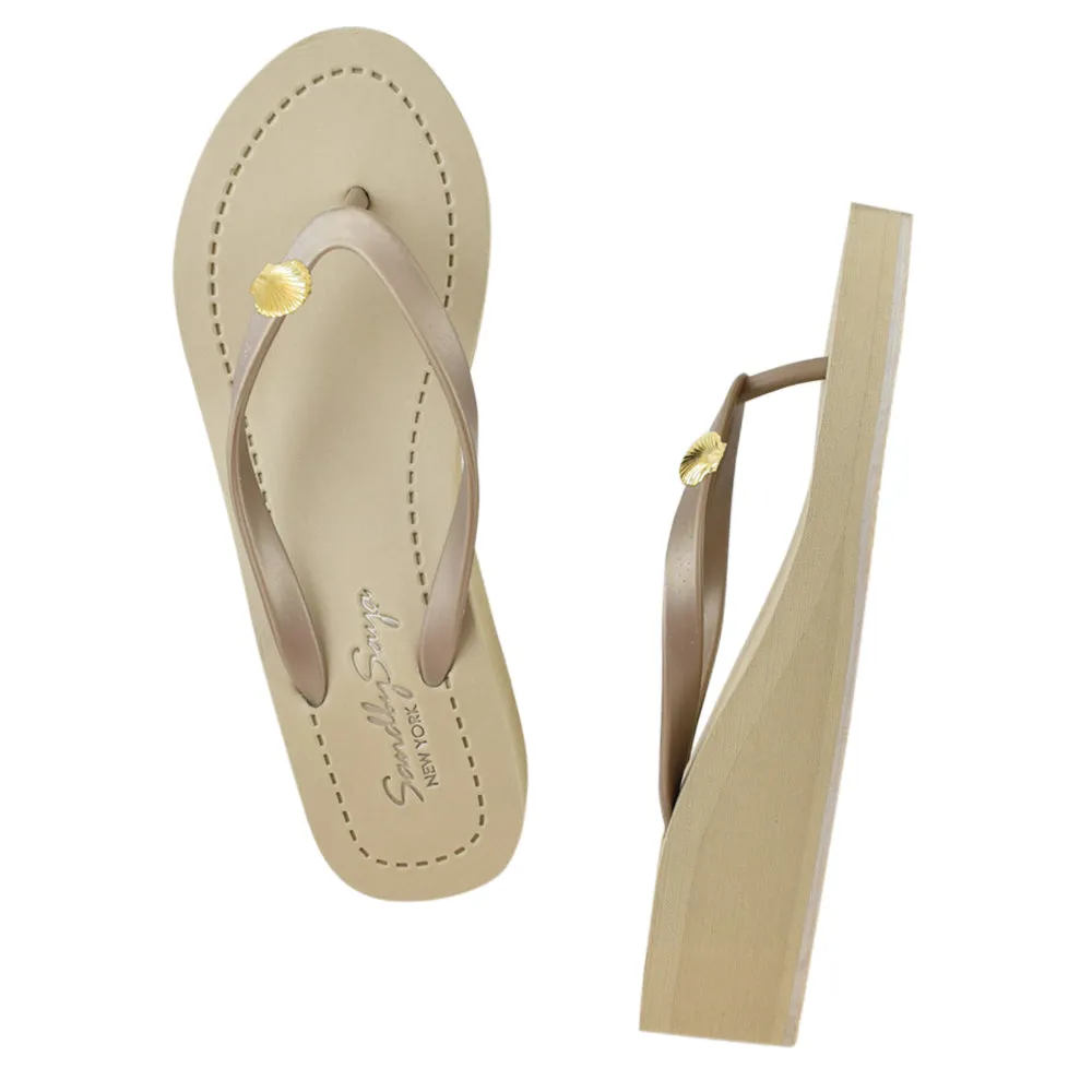 Gold Shell - Mid Wedge Flip Flops Sandals Studs Charm