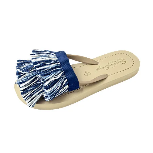 Irving - White and Blue Stripe Fringe Flat Flip Flops Sandals