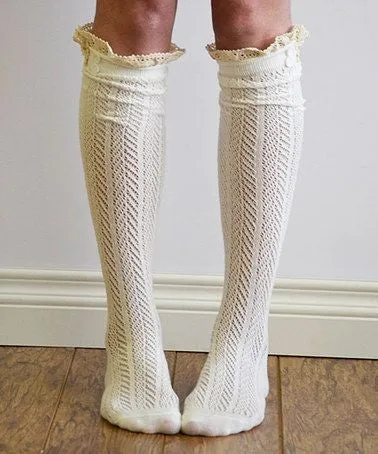 Ivory Boho Boot Socks Crochet Lace Button Top Chevron Weave Knee High