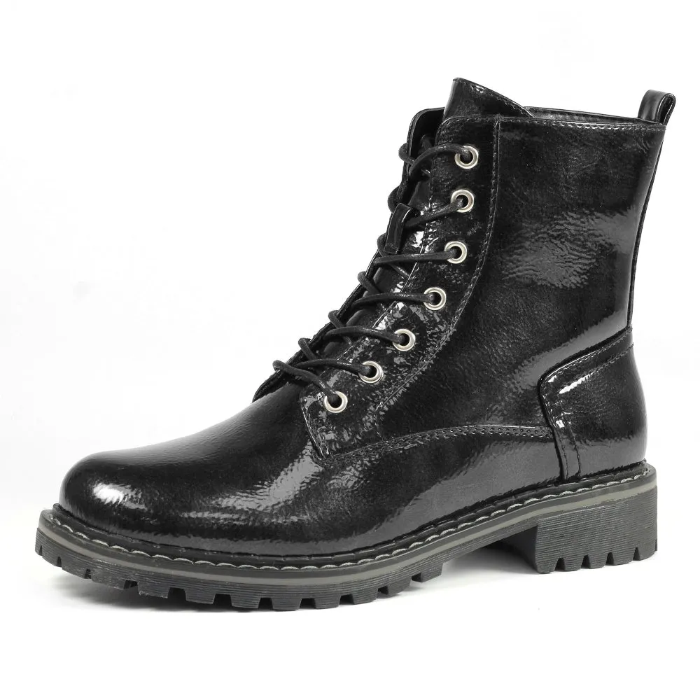 Ladies Lunar Boots Black Patent Laced Military Style Narla Inside Zip sale