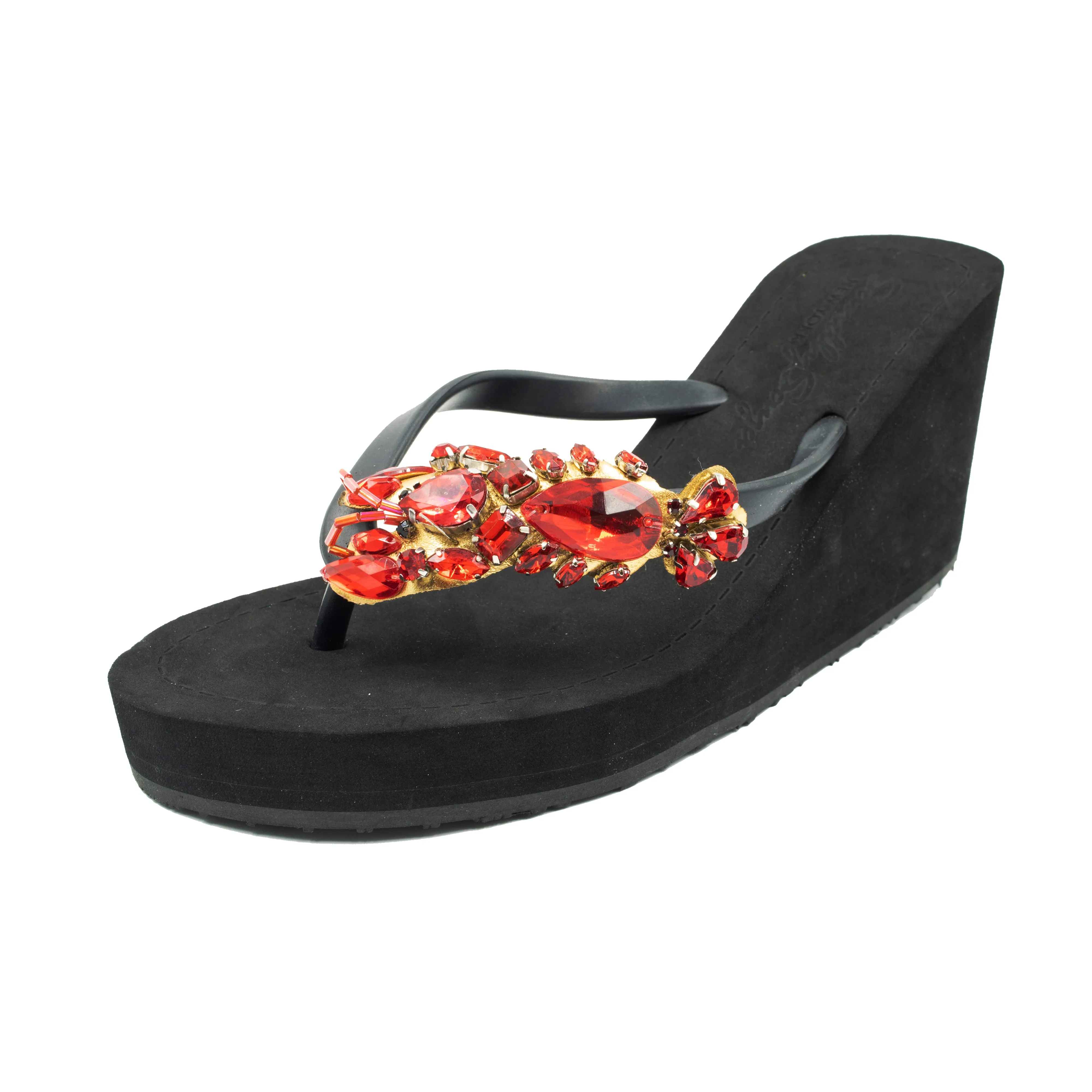 Lobster - Red Crystal Stone Embellished Women's High Wedge Flip Flops Sandal