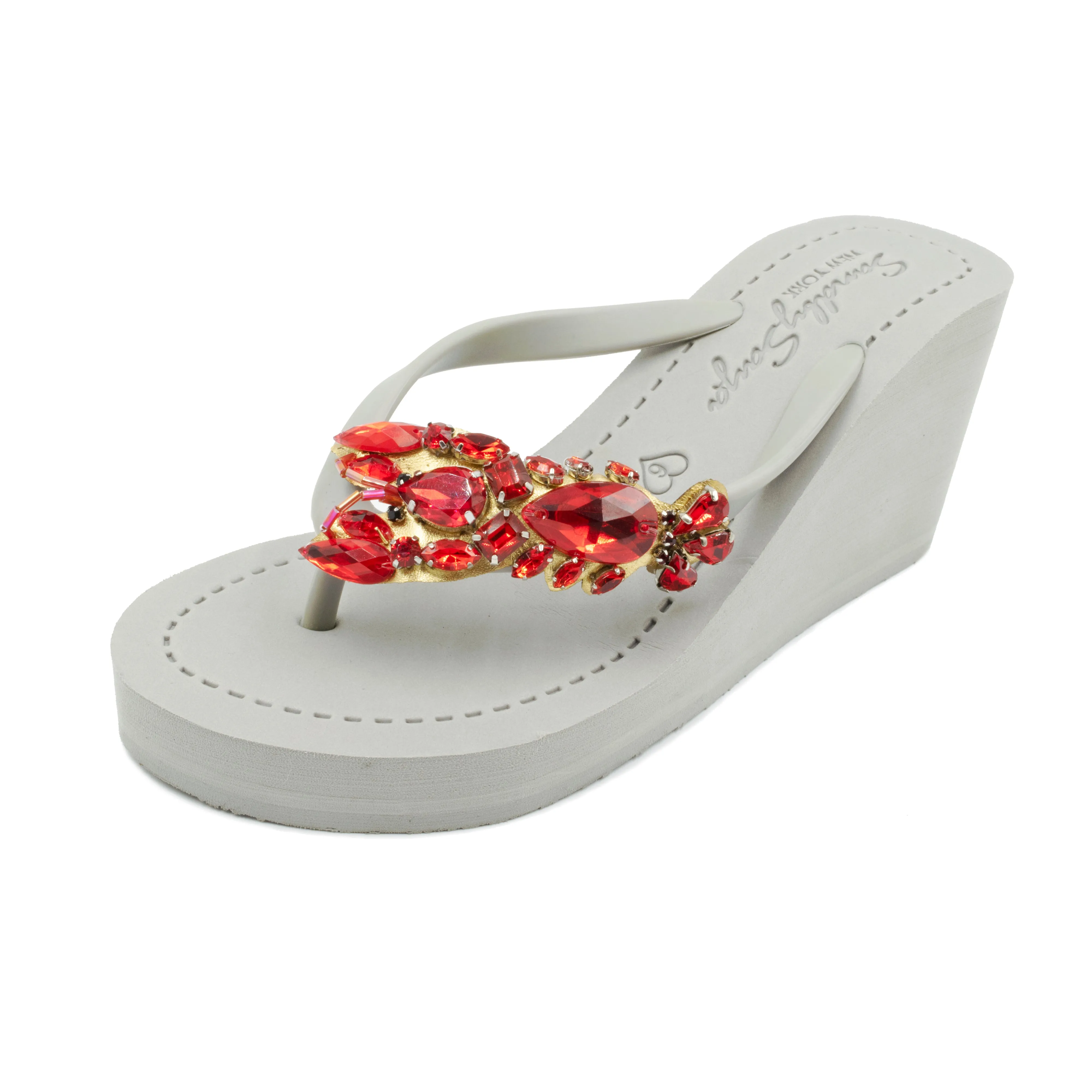 Lobster - Red Crystal Stone Embellished Women's High Wedge Flip Flops Sandal