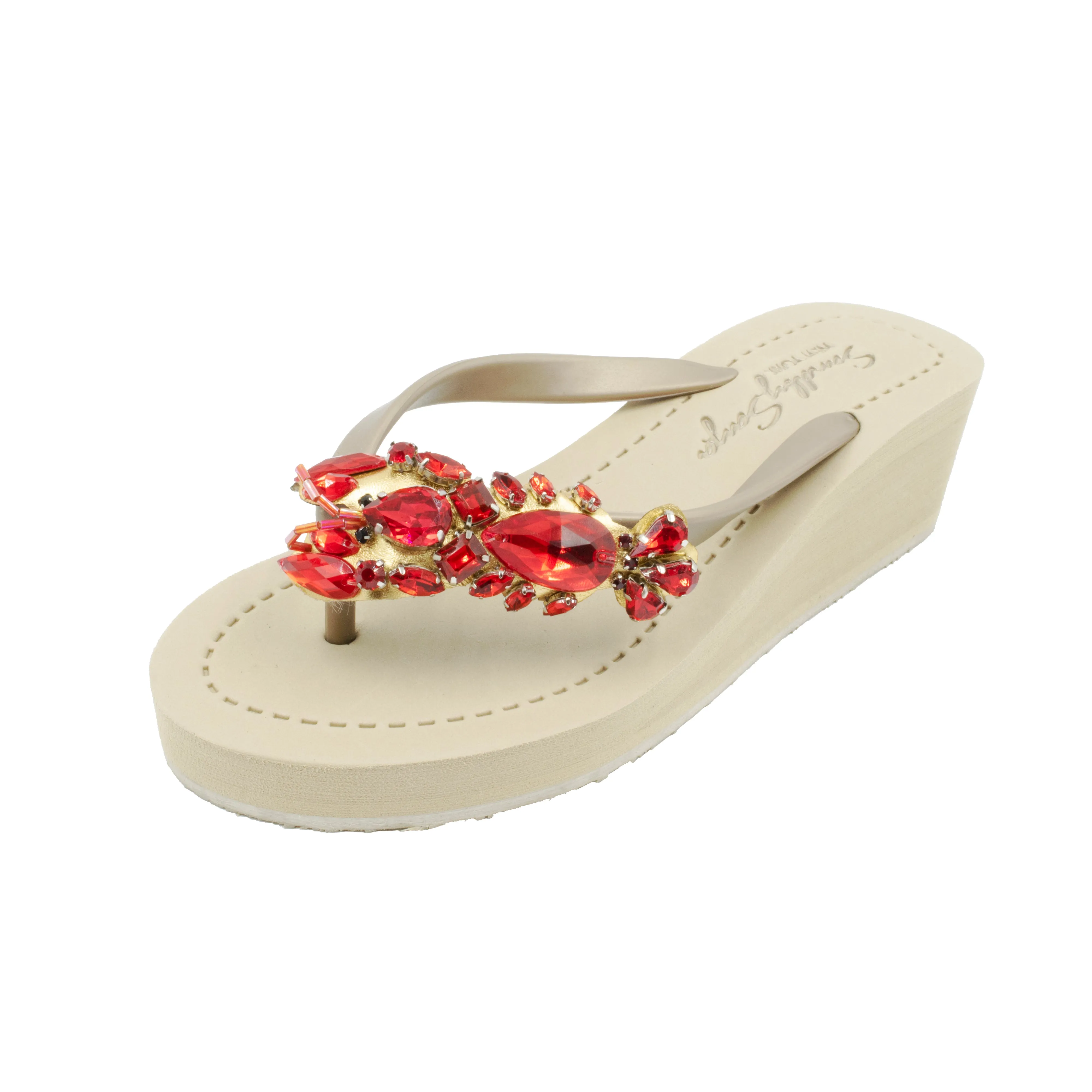 Lobster - Red Crystals Stone Embellished Mid Wedge Flip Flops Sandals