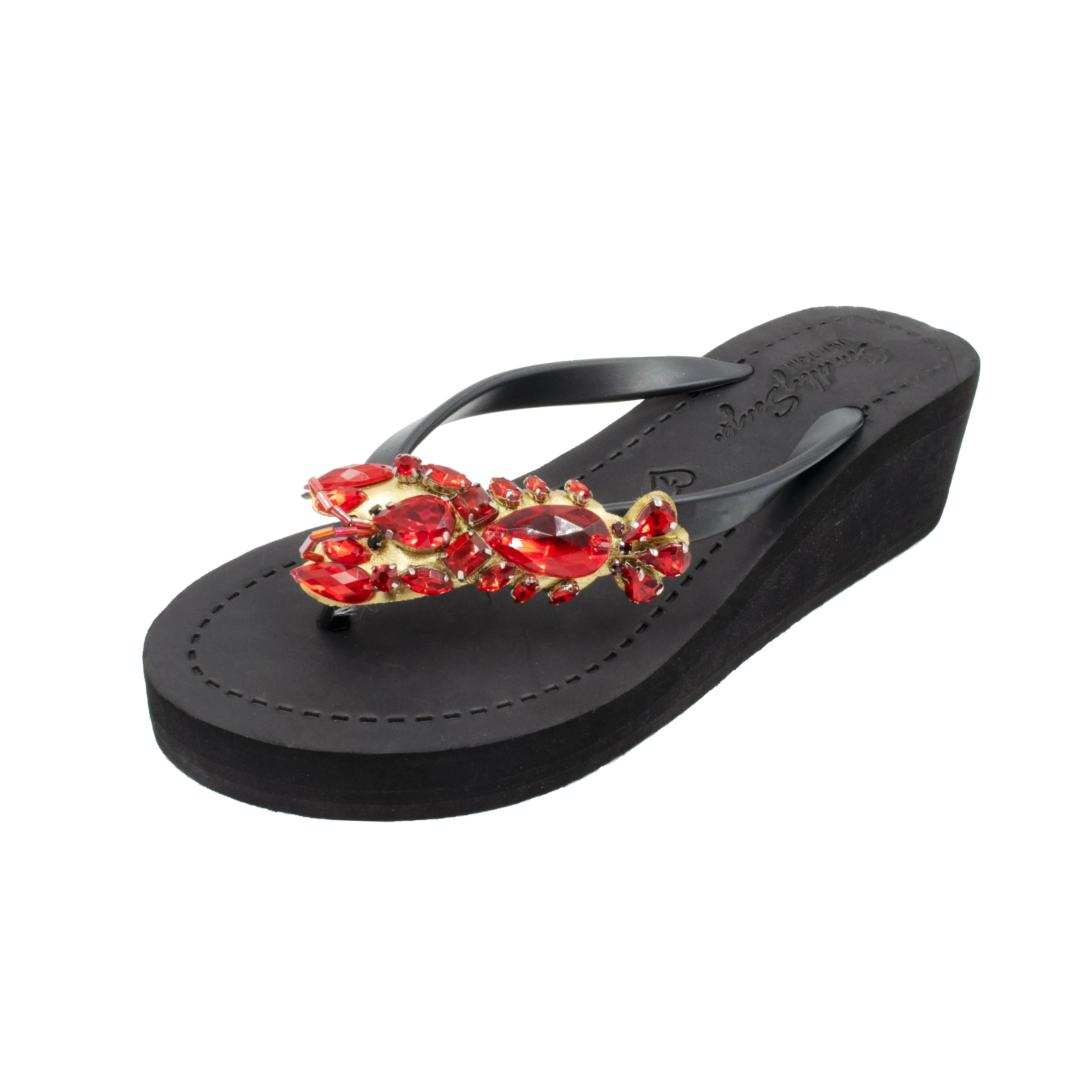 Lobster - Red Crystals Stone Embellished Mid Wedge Flip Flops Sandals