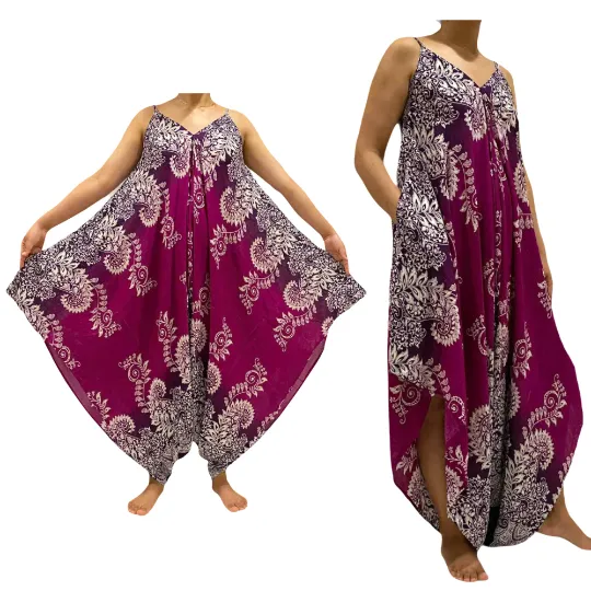 Loose Fit Bohemian Jumpsuit, Harem Boho Overalls, Wide Leg Women Romper