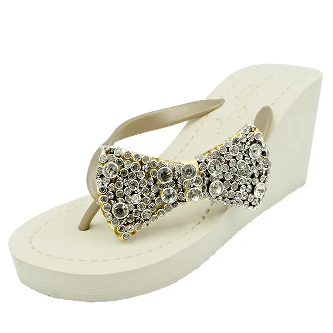 Madison Bow-  Crystal Stones Embellished Women's High Wedge Flip Flops Sandal