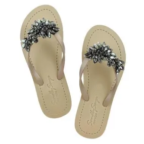 Manhattan Black - Crystal Stones Embellished Flat Flip Flops Sandal