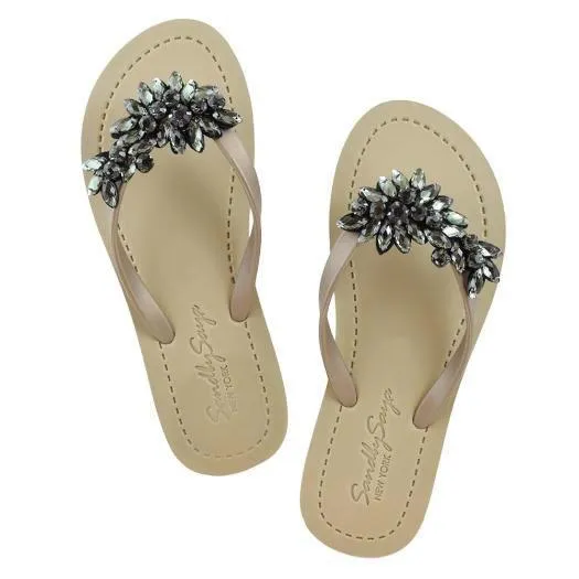 Manhattan Black - Crystal Stones Embellished Flat Flip Flops Sandal