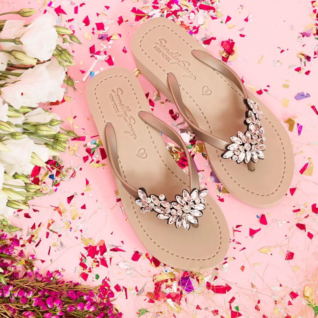 Manhattan Crystal - Rhinestone Embellished Mid Wedge Flip Flops