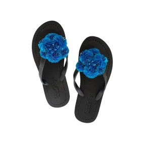 Noho Blue Flower - Sequence Embellished Women's Flat Flip Flops Sandal