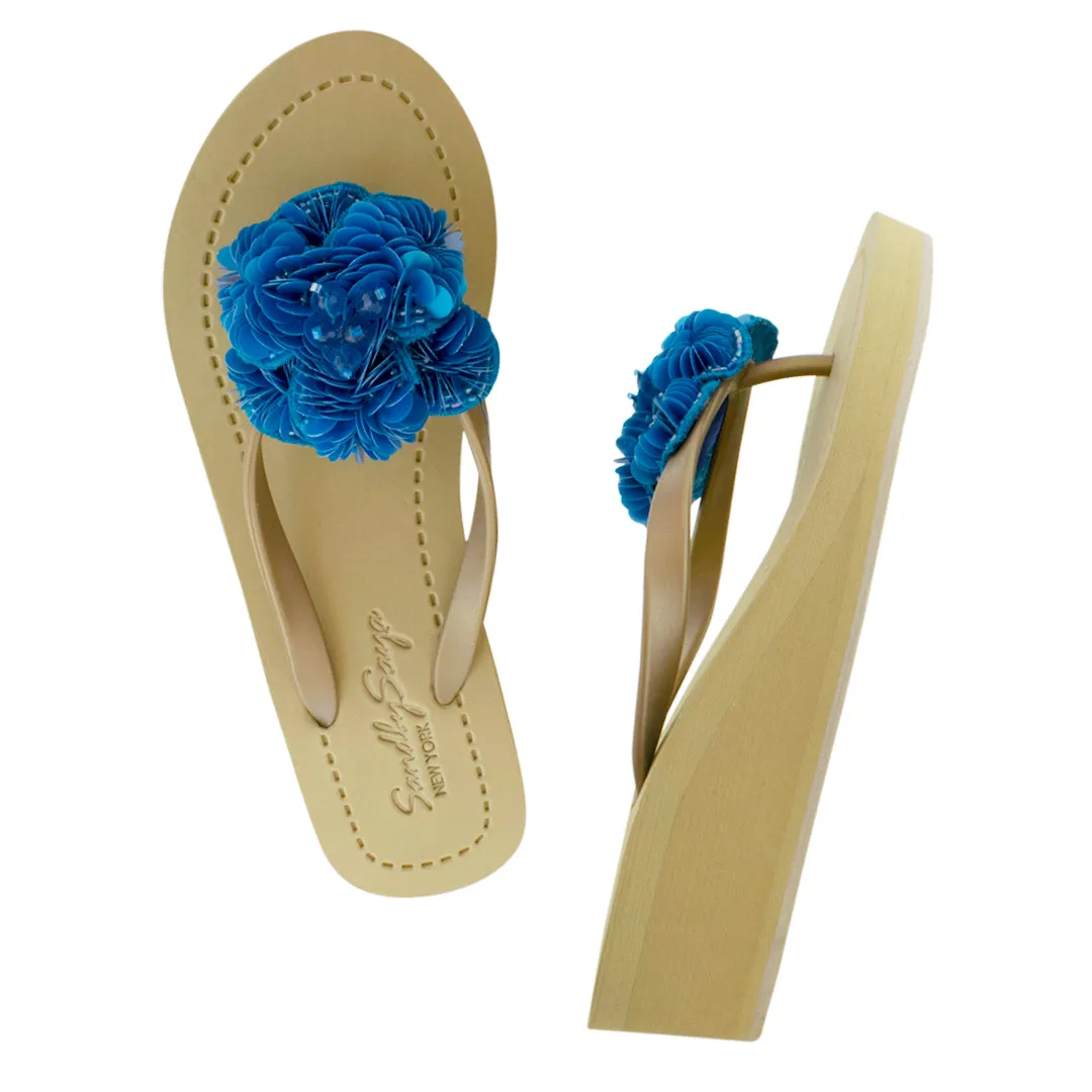 Noho Blue Flower - Sequence Embroidered Mid Wedge Flip Flops