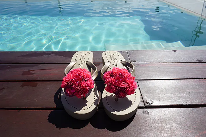 Noho Pink Flower - Sequence Embroidered Mid Wedge Flip Flops