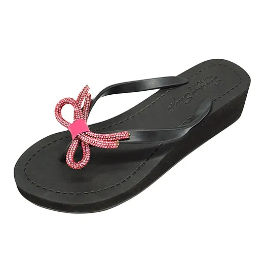 Rhinestone Pink Bow - Mid Wedge Flip Flops