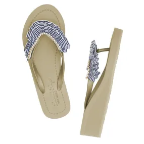 Rockaway Stripe - Rhinestone & Ruffle Mid Wedge Flip Flops