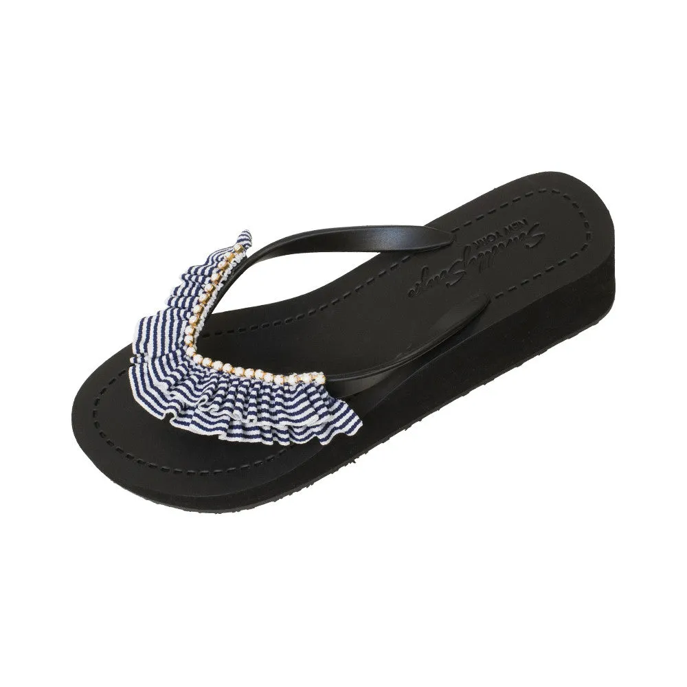 Rockaway Stripe - Rhinestone & Ruffle Mid Wedge Flip Flops