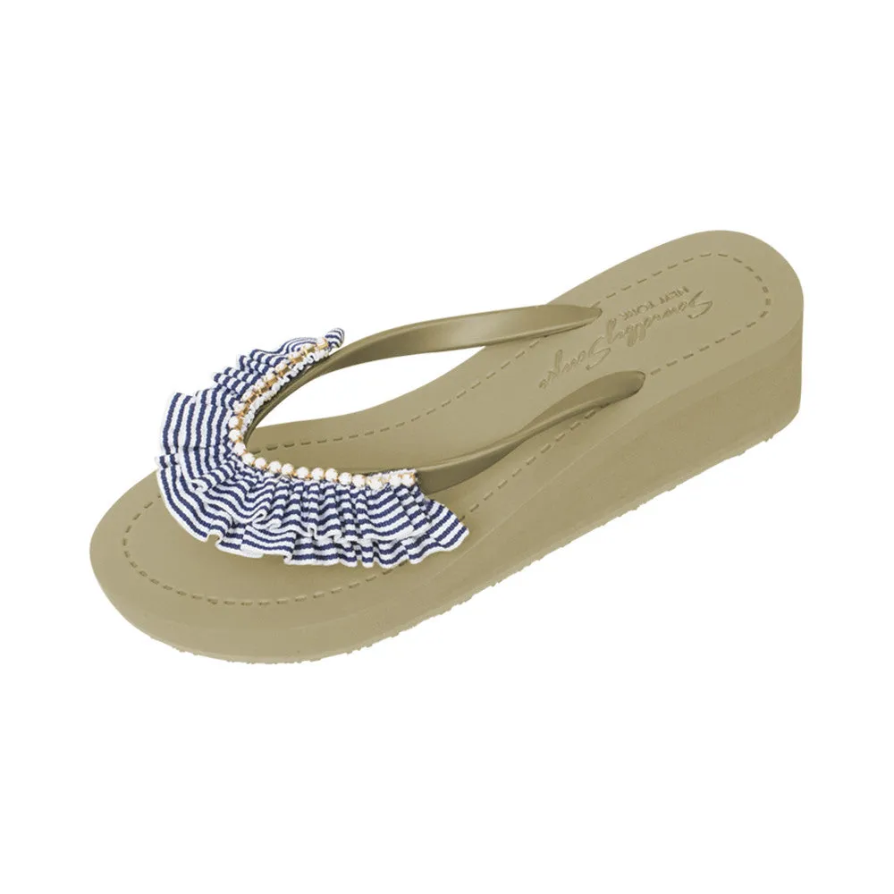 Rockaway Stripe - Rhinestone & Ruffle Mid Wedge Flip Flops