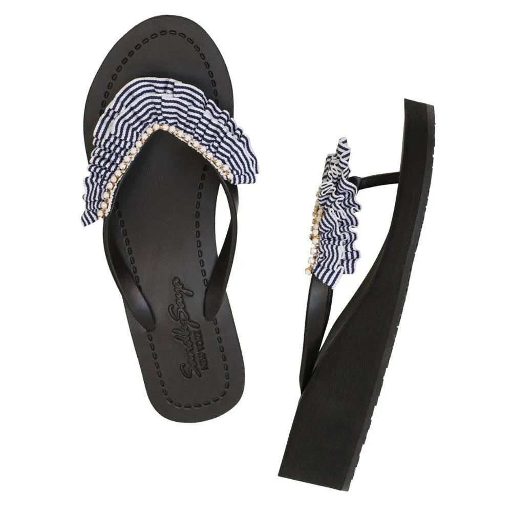 Rockaway Stripe - Rhinestone & Ruffle Mid Wedge Flip Flops