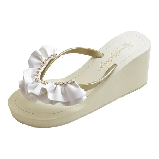 Ruffle rhinestone Rockaway White - Embroidered High Wedge Flip Flops