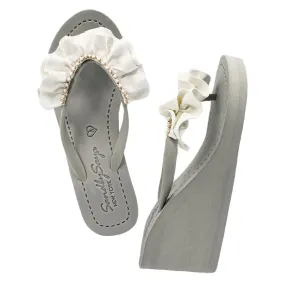 Ruffle rhinestone Rockaway White - Embroidered High Wedge Flip Flops