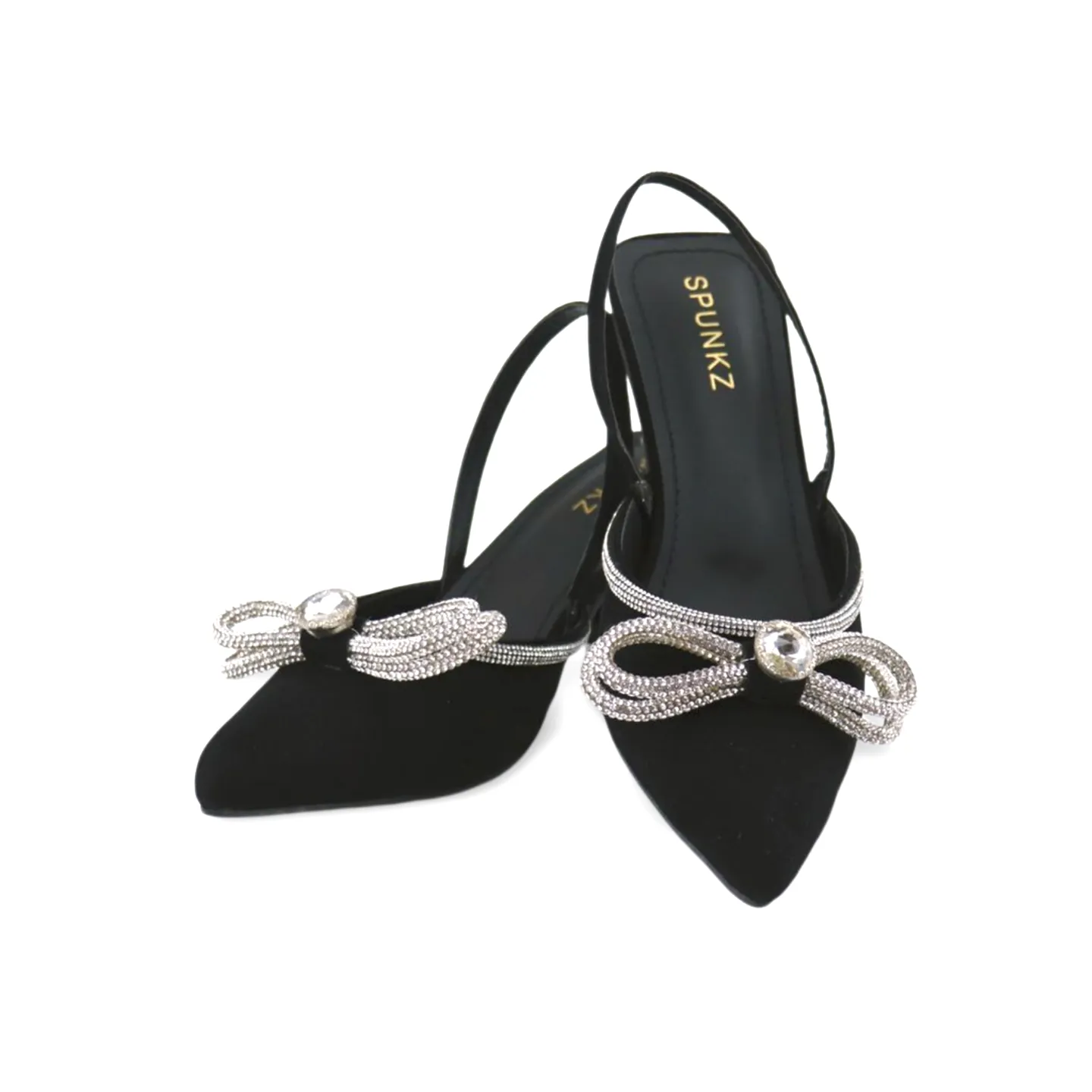 Velvet Sling Back High Heels with Rhinestone Strap Bow