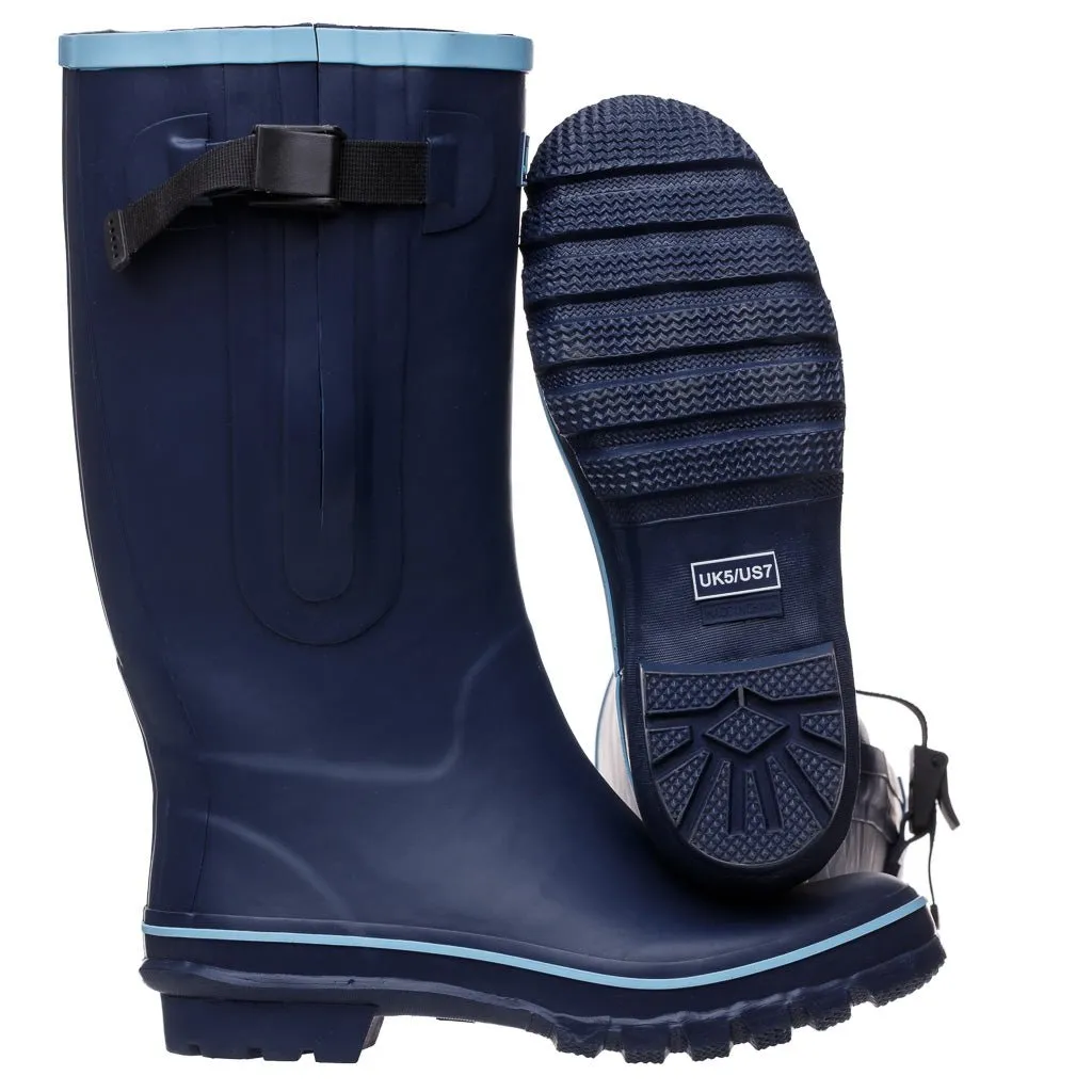 Wide Calf Wellies - Navy with Sky Blue Trim - Regular Fit in Foot and Ankle