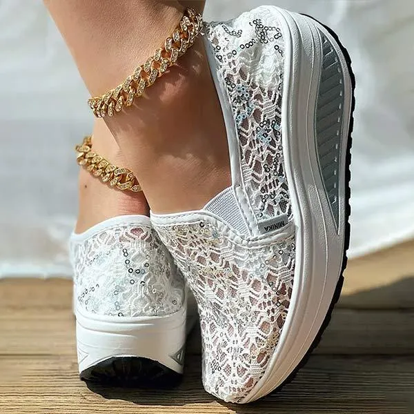 Women'S Breathable Platform Lace Sequin Hollow Casual Shoes 59469723C