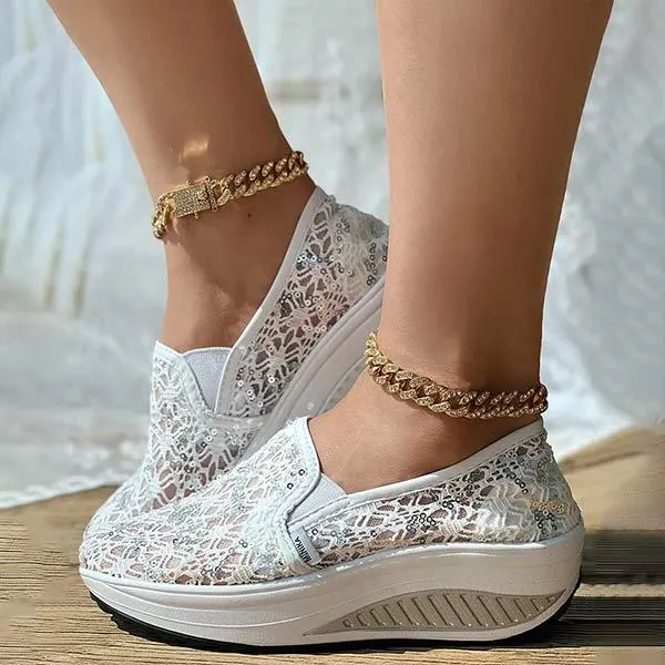 Women'S Breathable Platform Lace Sequin Hollow Casual Shoes 59469723C