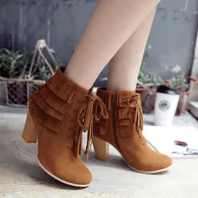 Women's Casual Multi-Layered Tassel Chunk Heel Short Boots 97075101S